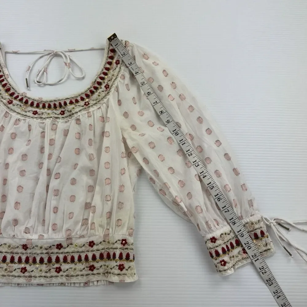 Anthropologie Beaded Embroidered Peasant Crop Top Small Boho India Metallic Dot